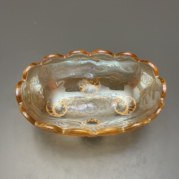 VINTAGE Amber Marigold Luster Carnival Glass Footed Oval Candy Dish iridescent - Picture 2 of 7